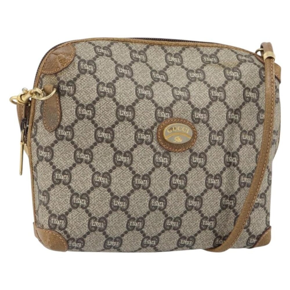 Authentic GUCCI GG Plus Supreme Shoulder Bag PVC Leather Beige Gold